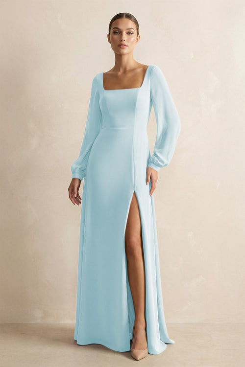 Square Neck Long Sleeves Chiffon Sheath Bridesmaid Dress in Sky Blue - SHE IS ME Bridesmaid Dresses