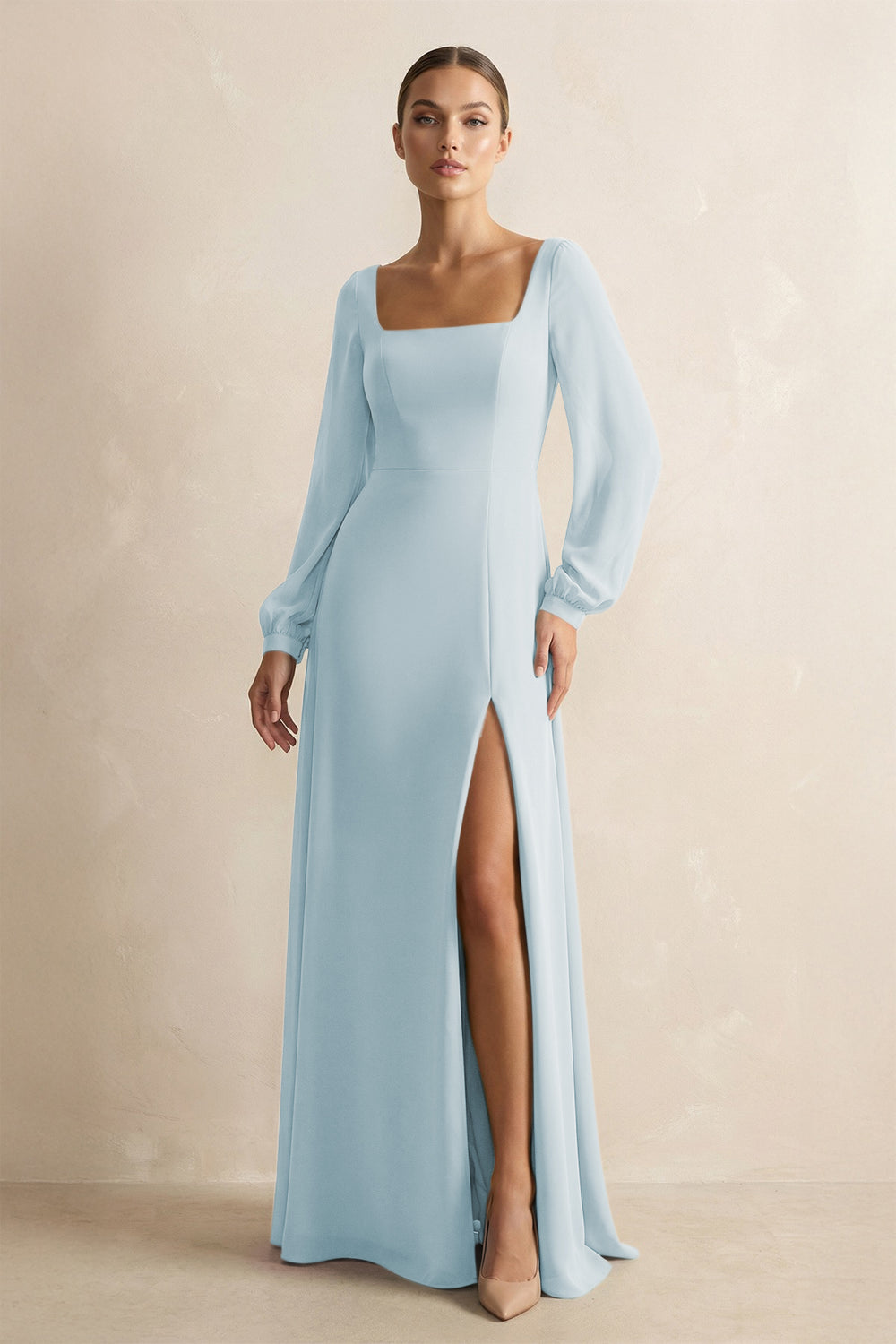 Square Neck Long Sleeves Chiffon Sheath Bridesmaid Dress in Sky Blue