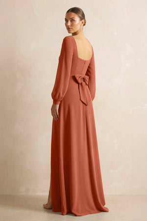 Square Neck Long Sleeves Chiffon Sheath Bridesmaid Dress in Spice - SHE IS ME Bridesmaid Dresses