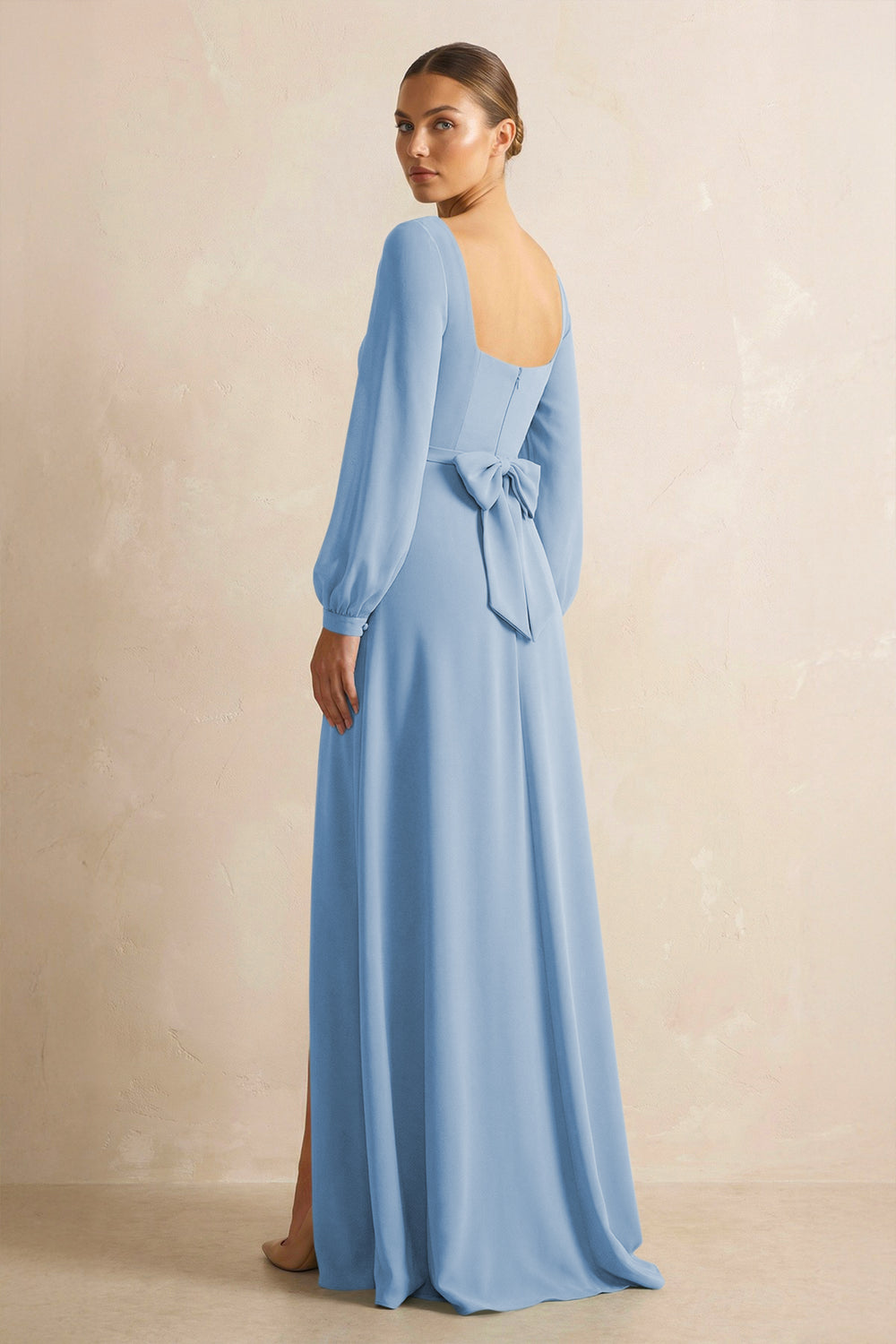 Square Neck Long Sleeves Chiffon Sheath Bridesmaid Dress in Steel Blue
