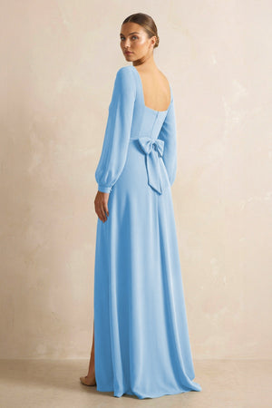 Square Neck Long Sleeves Chiffon Sheath Bridesmaid Dress in Steel Blue - SHE IS ME Bridesmaid Dresses