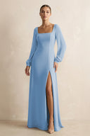 Square Neck Long Sleeves Chiffon Sheath Bridesmaid Dress in Steel Blue | KISSBRIDAL