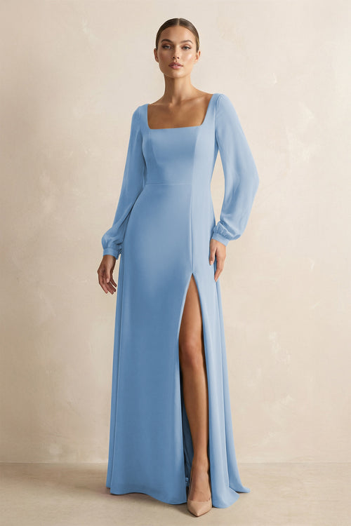 Square Neck Long Sleeves Chiffon Sheath Bridesmaid Dress in Steel Blue | KISSBRIDAL