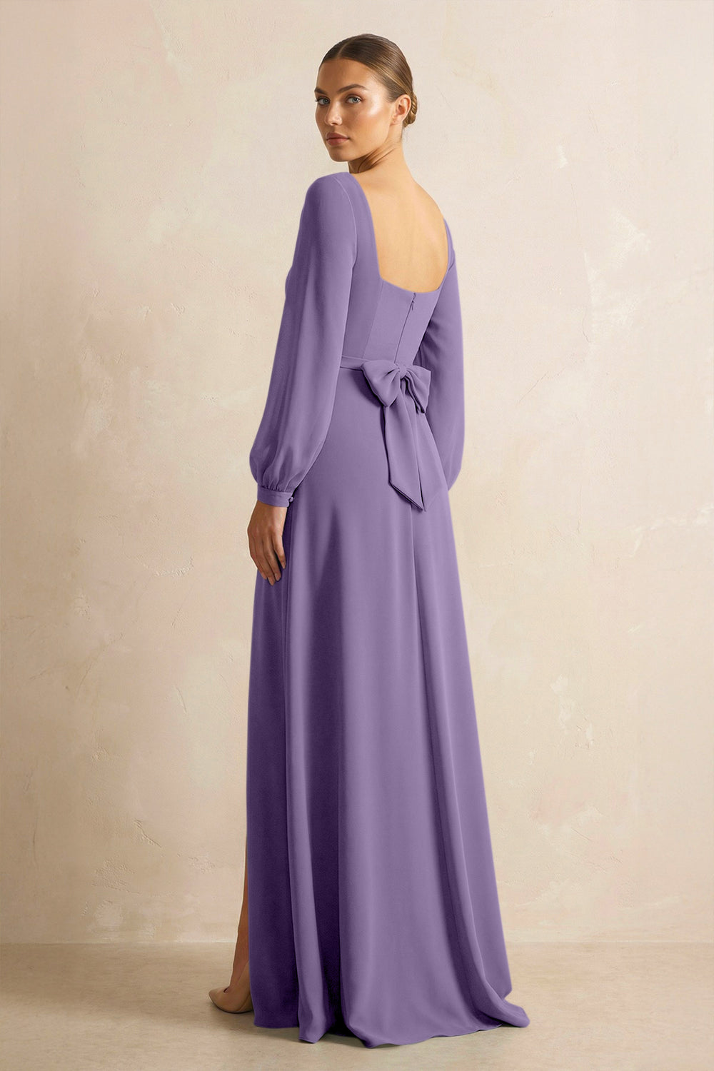 Square Neck Long Sleeves Chiffon Sheath Bridesmaid Dress in Tahiti