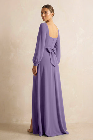 Square Neck Long Sleeves Chiffon Sheath Bridesmaid Dress in Tahiti (2) | KISSBRIDAL