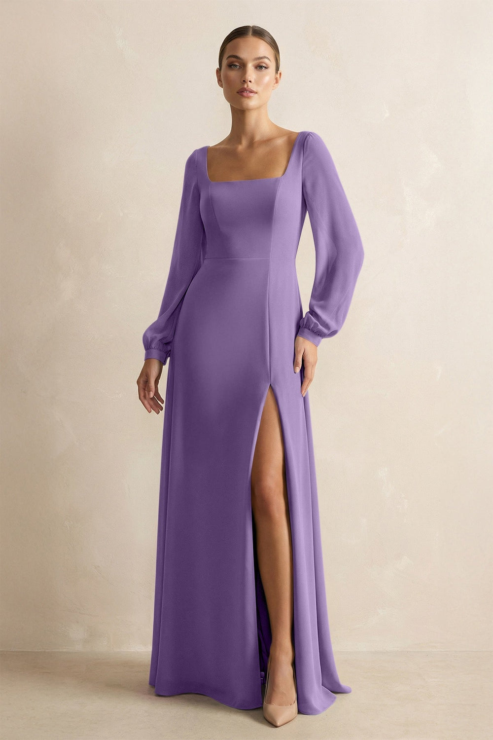 Square Neck Long Sleeves Chiffon Sheath Bridesmaid Dress in Tahiti - KISS BRIDAL Bridesmaid Dresses