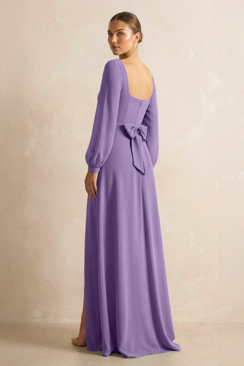 Square Neck Long Sleeves Chiffon Sheath Bridesmaid Dress in Tahiti - KISS BRIDAL Bridesmaid Dresses