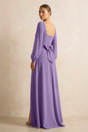 Square Neck Long Sleeves Chiffon Sheath Bridesmaid Dress in Tahiti - SHE IS ME Bridesmaid Dresses