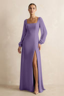 Square Neck Long Sleeves Chiffon Sheath Bridesmaid Dress in Tahiti | KISSBRIDAL