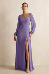 Square Neck Long Sleeves Chiffon Sheath Bridesmaid Dress in Tahiti | KISSBRIDAL