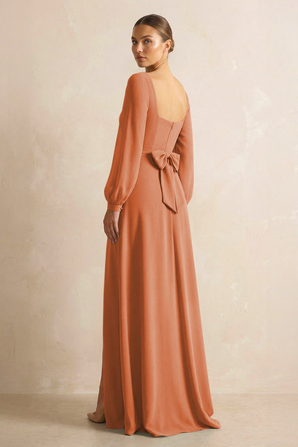 Square Neck Long Sleeves Chiffon Sheath Bridesmaid Dress in Terracotta - SHE IS ME Bridesmaid Dresses