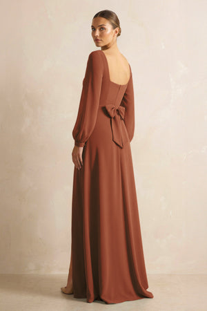 Square Neck Long Sleeves Chiffon Sheath Bridesmaid Dress in Terracotta (2) | KISSBRIDAL