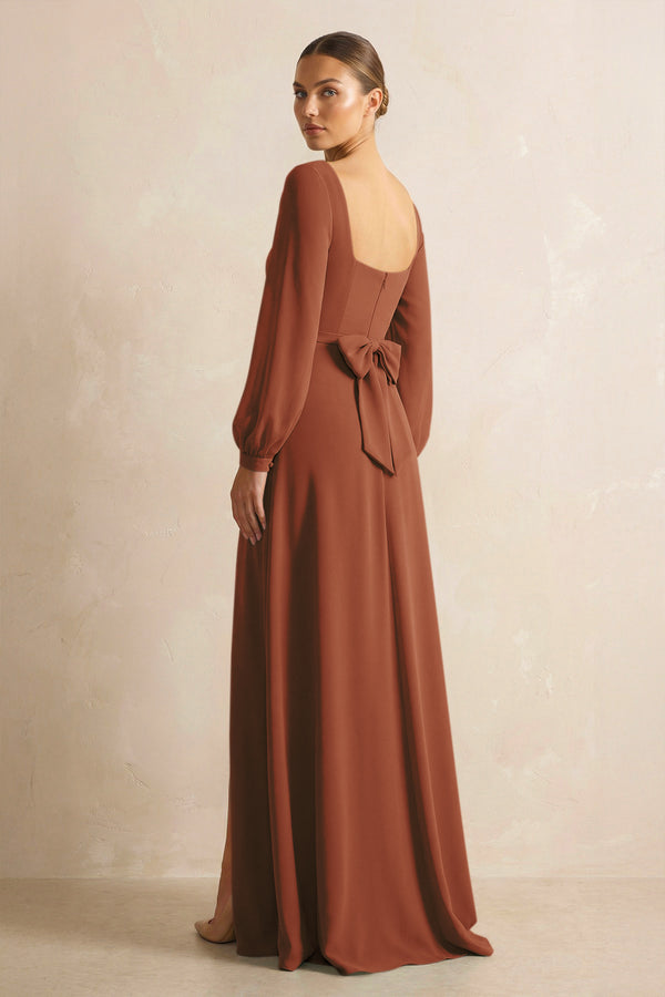 Square Neck Long Sleeves Chiffon Sheath Bridesmaid Dress in Terracotta (2) | KISSBRIDAL