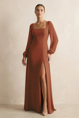 Square Neck Long Sleeves Chiffon Sheath Bridesmaid Dress in Terracotta | KISSBRIDAL