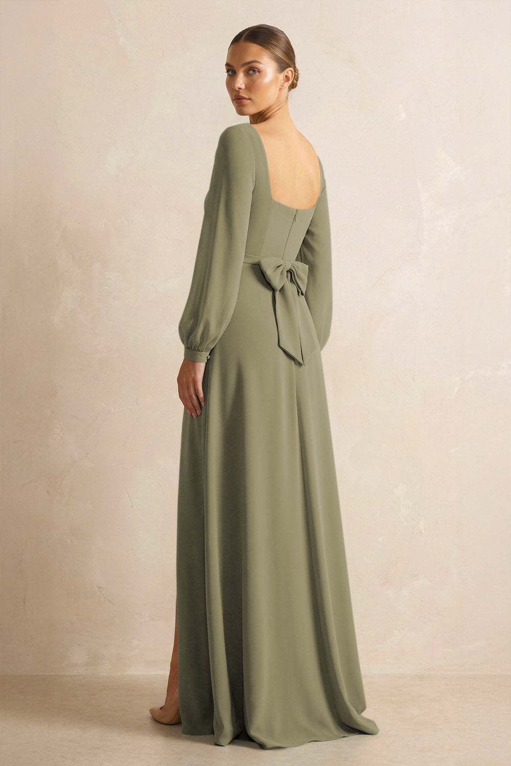 Square Neck Long Sleeves Chiffon Sheath Bridesmaid Dress in Thyme