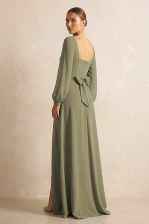 Square Neck Long Sleeves Chiffon Sheath Bridesmaid Dress in Thyme (2) | KISSBRIDAL
