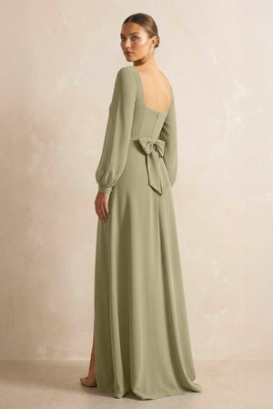 Square Neck Long Sleeves Chiffon Sheath Bridesmaid Dress in Thyme - SHE IS ME Bridesmaid Dresses