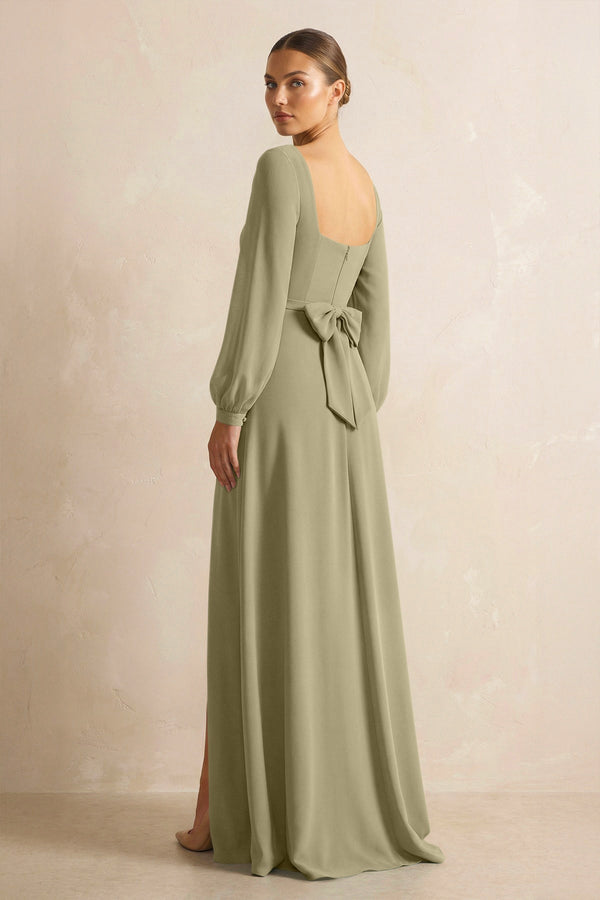 Square Neck Long Sleeves Chiffon Sheath Bridesmaid Dress in Thyme - SHE IS ME Bridesmaid Dresses