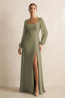 Square Neck Long Sleeves Chiffon Sheath Bridesmaid Dress in Thyme | KISSBRIDAL