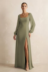 Square Neck Long Sleeves Chiffon Sheath Bridesmaid Dress in Thyme | KISSBRIDAL