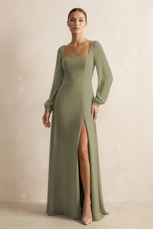 Square Neck Long Sleeves Chiffon Sheath Bridesmaid Dress in Thyme | KISSBRIDAL