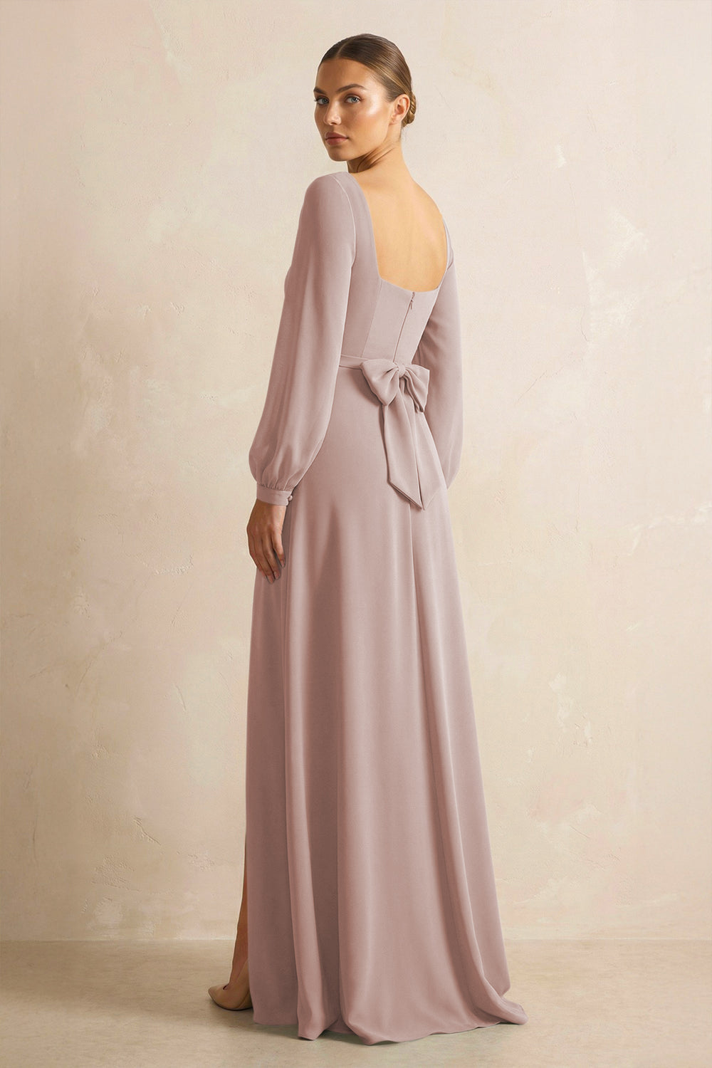 Square Neck Long Sleeves Chiffon Sheath Bridesmaid Dress in Toffee