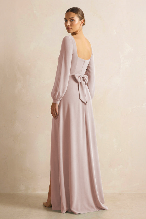 Square Neck Long Sleeves Chiffon Sheath Bridesmaid Dress in Toffee - SHE IS ME Bridesmaid Dresses
