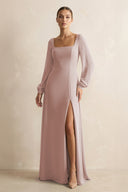 Square Neck Long Sleeves Chiffon Sheath Bridesmaid Dress in Toffee | KISSBRIDAL