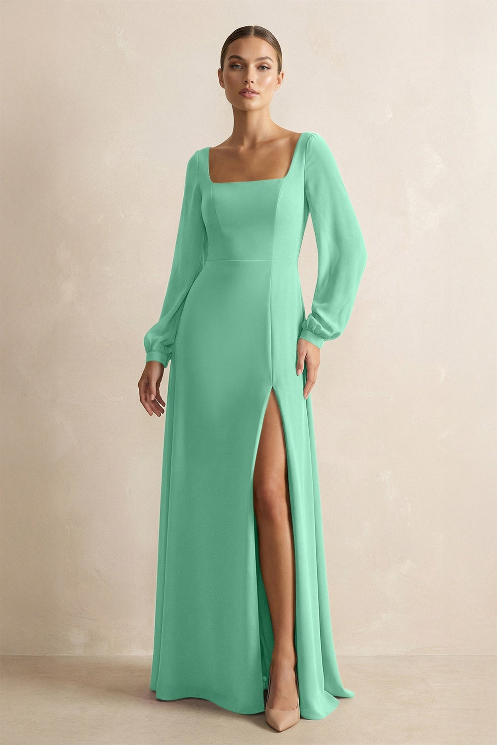 Square Neck Long Sleeves Chiffon Sheath Bridesmaid Dress in Turquoise - KISS BRIDAL Bridesmaid Dresses