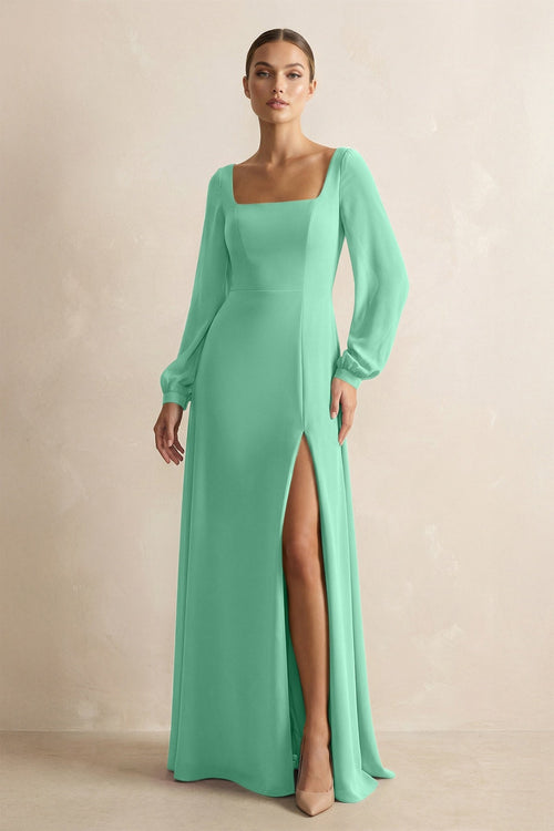 Square Neck Long Sleeves Chiffon Sheath Bridesmaid Dress in Turquoise - SHE IS ME Bridesmaid Dresses