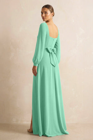 Square Neck Long Sleeves Chiffon Sheath Bridesmaid Dress in Turquoise - SHE IS ME Bridesmaid Dresses