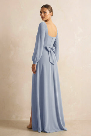 Square Neck Long Sleeves Chiffon Sheath Bridesmaid Dress in Twilight - SHE IS ME Bridesmaid Dresses