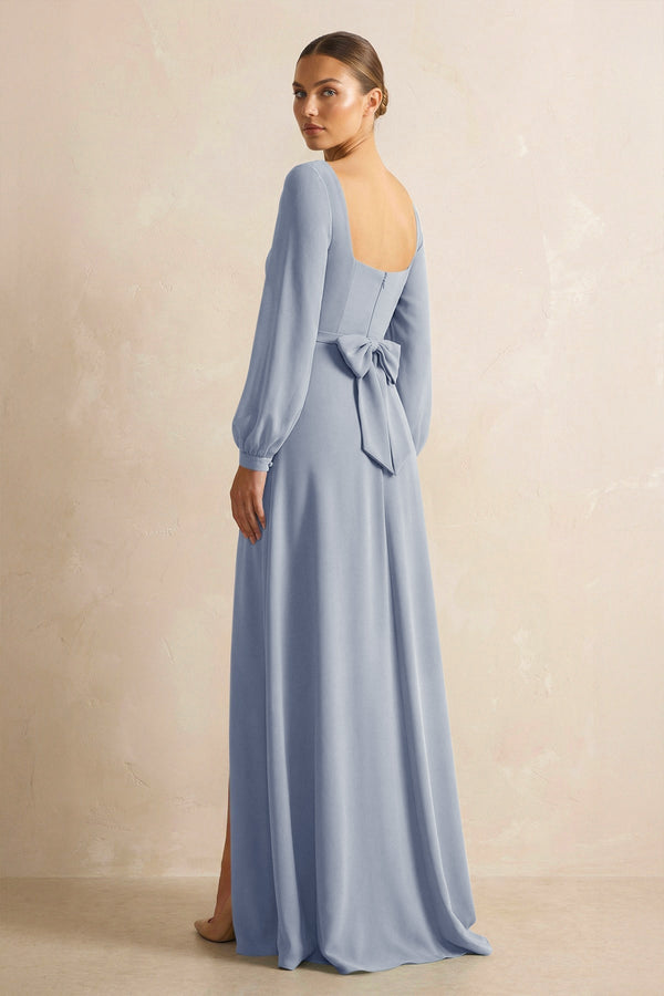 Square Neck Long Sleeves Chiffon Sheath Bridesmaid Dress in Twilight - SHE IS ME Bridesmaid Dresses