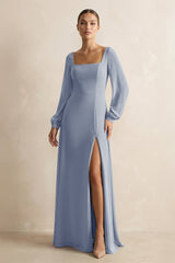 Square Neck Long Sleeves Chiffon Sheath Bridesmaid Dress in Twilight - KISS BRIDAL Bridesmaid Dresses