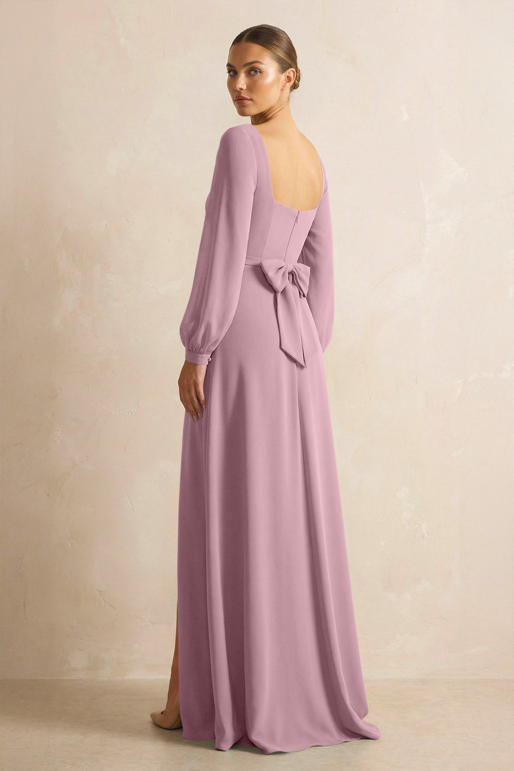 Square Neck Long Sleeves Chiffon Sheath Bridesmaid Dress in Vintage Mauve