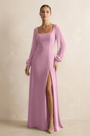 Square Neck Long Sleeves Chiffon Sheath Bridesmaid Dress in Vintage Mauve - SHE IS ME Bridesmaid Dresses