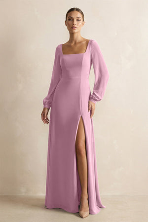 Square Neck Long Sleeves Chiffon Sheath Bridesmaid Dress in Vintage Mauve - SHE IS ME Bridesmaid Dresses