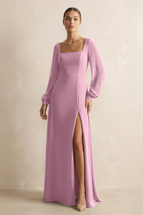 Square Neck Long Sleeves Chiffon Sheath Bridesmaid Dress in Vintage Mauve - SHE IS ME Bridesmaid Dresses