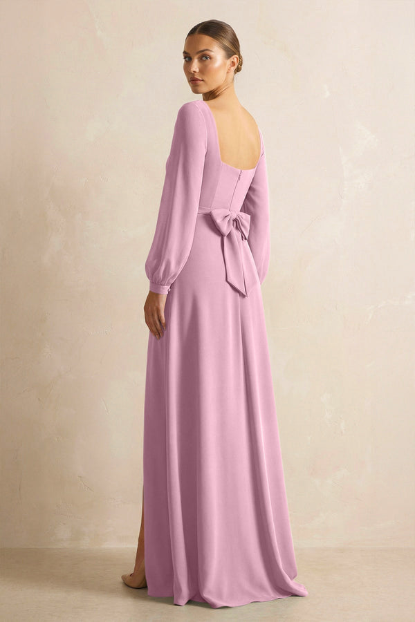 Square Neck Long Sleeves Chiffon Sheath Bridesmaid Dress in Vintage Mauve - SHE IS ME Bridesmaid Dresses