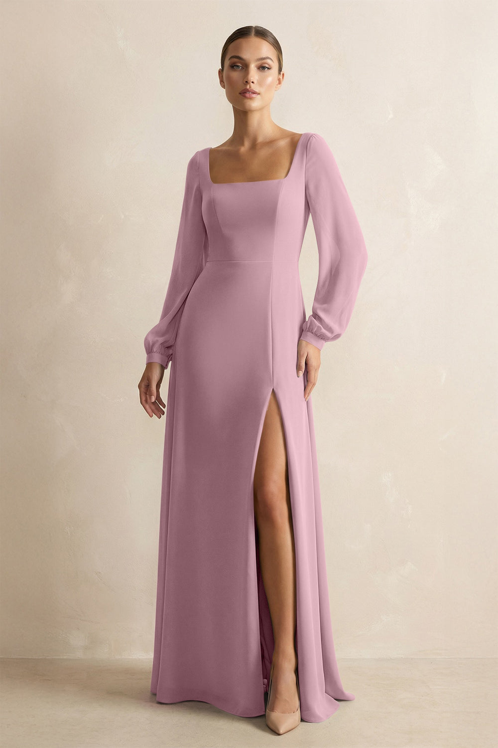 Square Neck Long Sleeves Chiffon Sheath Bridesmaid Dress in Vintage Mauve