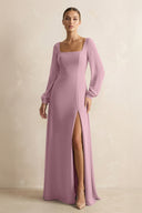 Square Neck Long Sleeves Chiffon Sheath Bridesmaid Dress in Vintage Mauve | KISSBRIDAL