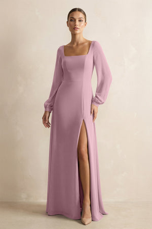 Square Neck Long Sleeves Chiffon Sheath Bridesmaid Dress in Vintage Mauve | KISSBRIDAL