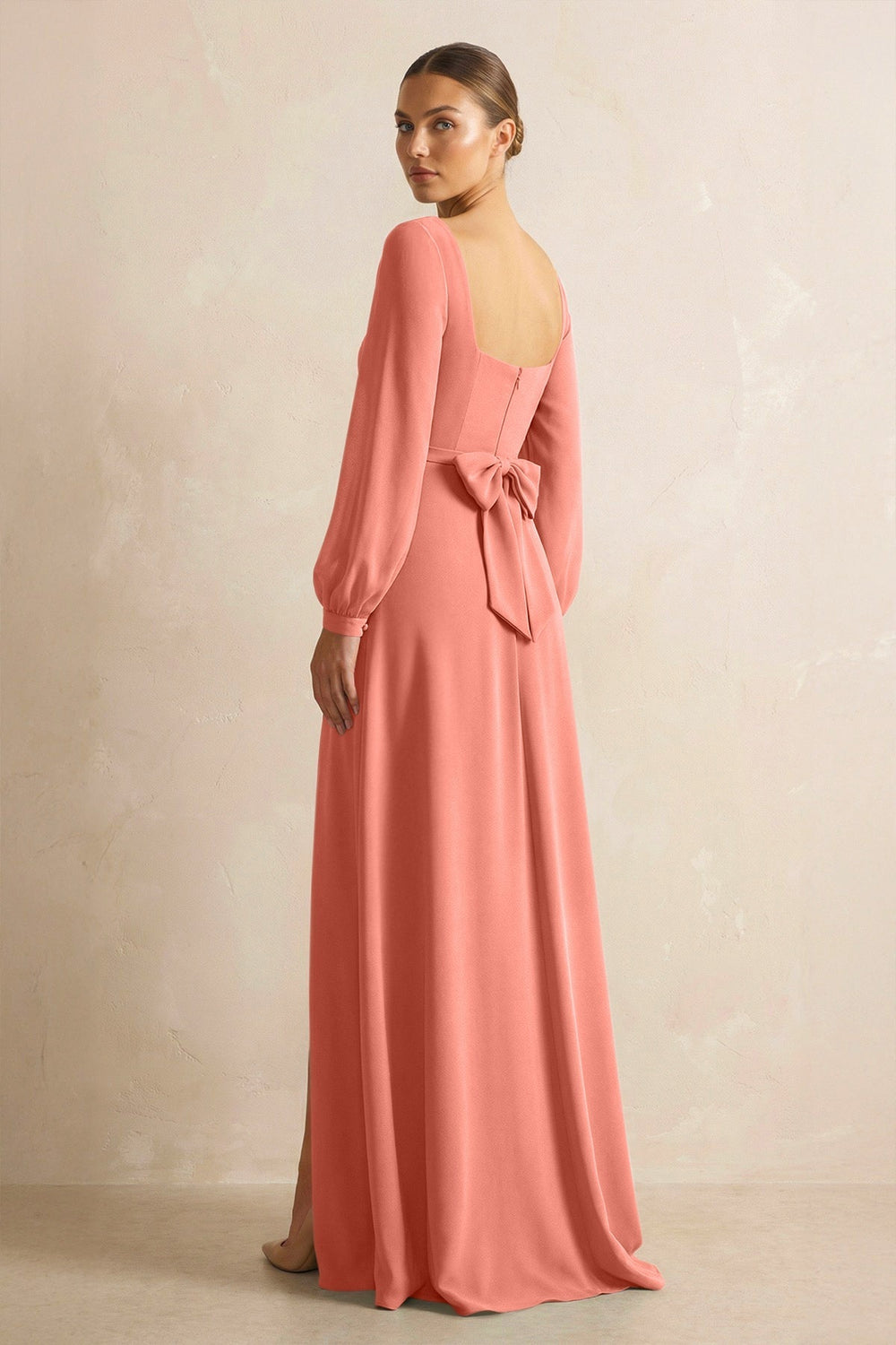 Square Neck Long Sleeves Chiffon Sheath Bridesmaid Dress in Wild Rose - KISS BRIDAL Bridesmaid Dresses