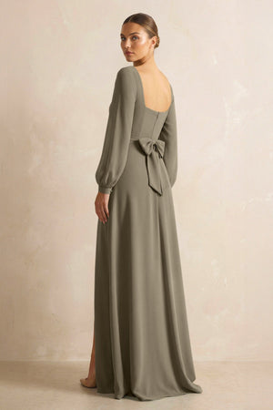 Square Neck Long Sleeves Chiffon Sheath Bridesmaid Dress in Willow Green - SHE IS ME Bridesmaid Dresses