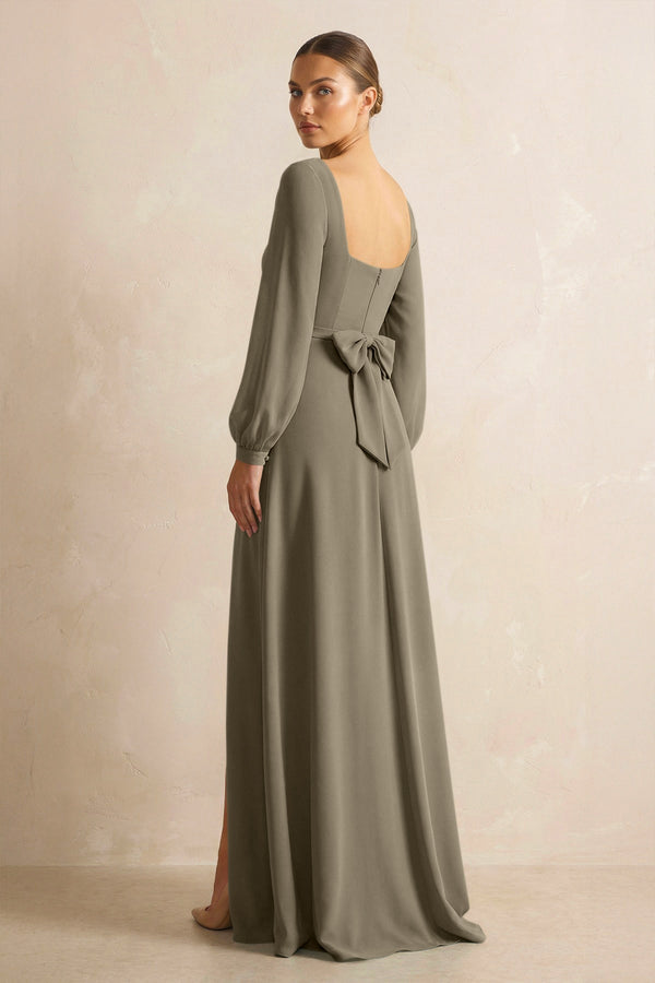 Square Neck Long Sleeves Chiffon Sheath Bridesmaid Dress in Willow Green - SHE IS ME Bridesmaid Dresses