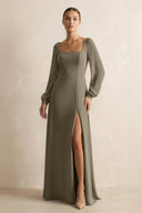 Square Neck Long Sleeves Chiffon Sheath Bridesmaid Dress in Willow Green - SHE IS ME Bridesmaid Dresses