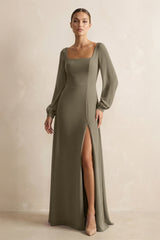 Square Neck Long Sleeves Chiffon Sheath Bridesmaid Dress in Willow Green - KISS BRIDAL Bridesmaid Dresses