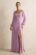 Square Neck Long Sleeves Chiffon Sheath Bridesmaid Dress in Wisteria - SHE IS ME Bridesmaid Dresses