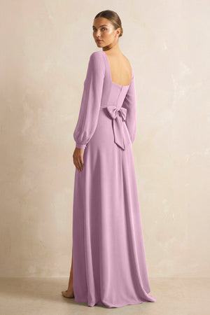 Square Neck Long Sleeves Chiffon Sheath Bridesmaid Dress in Wisteria - SHE IS ME Bridesmaid Dresses