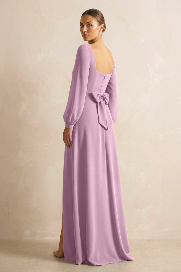 Square Neck Long Sleeves Chiffon Sheath Bridesmaid Dress in Wisteria - SHE IS ME Bridesmaid Dresses